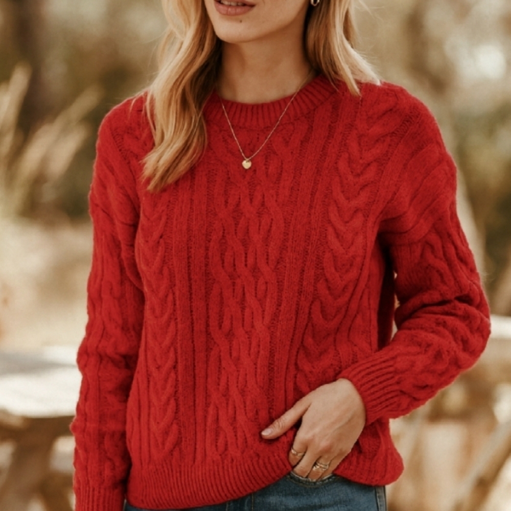 Woolovers Red Cable Knit  Chunky Fisherman Crewneck Sweater